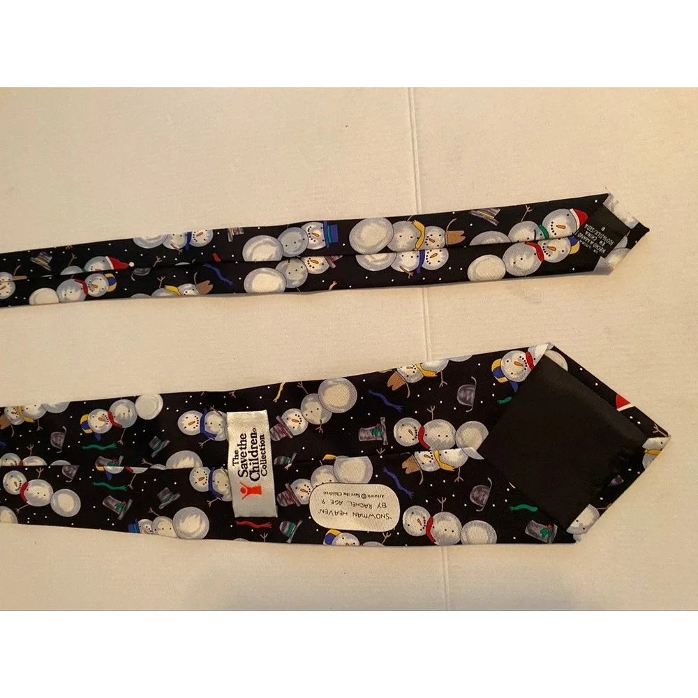 Save the Children Silk Tie Snowman Heaven Christmas Holiday Black Necktie